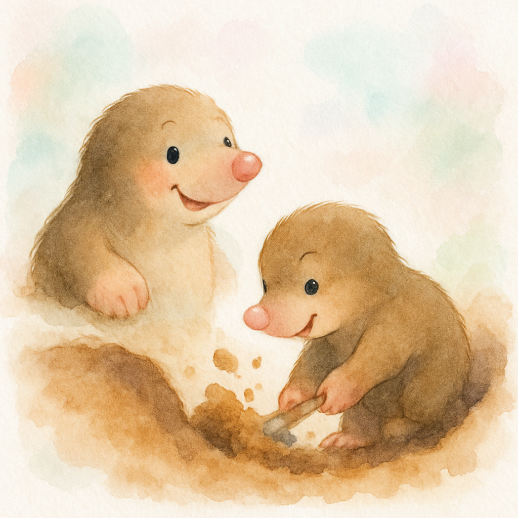 두더지 아빠가 깨달음을 얻고 젊은 두더지가 부지런히 땅을 파는 장면